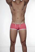 Pink groovin underwear super extra low cut boxer briefs with white trim and logo on the waistband in rouge red