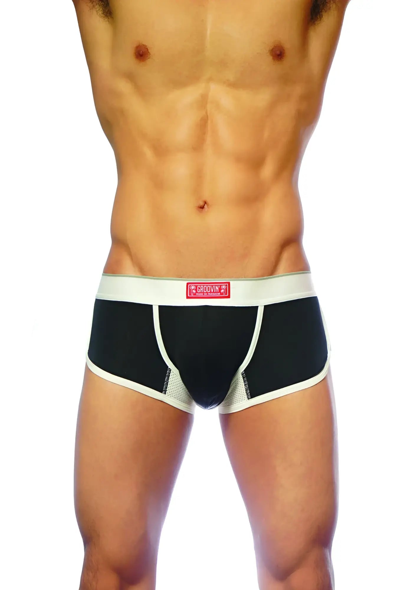 Black and white Groovin underwear ventilated cup boxer with mesh side panels and a red brand label at the waistband