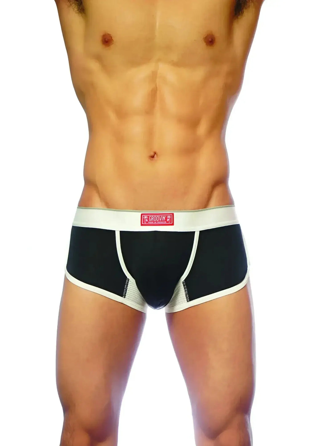 Black and white Groovin underwear ventilated cup boxer with mesh side panels and a red brand label at the waistband