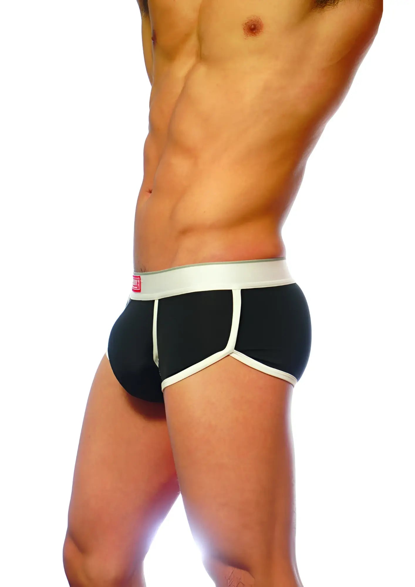 Black briefs groovin underwear ventilated cup boxer with white trim and red logo on waistband in black color