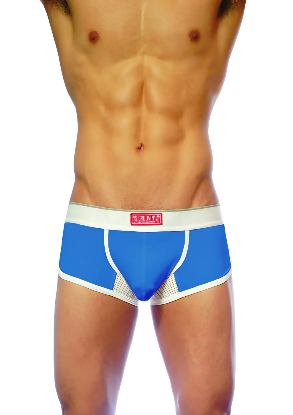 Blue and white groovin underwear ventilated cup boxer with breathable mesh panels for athletic support and comfort