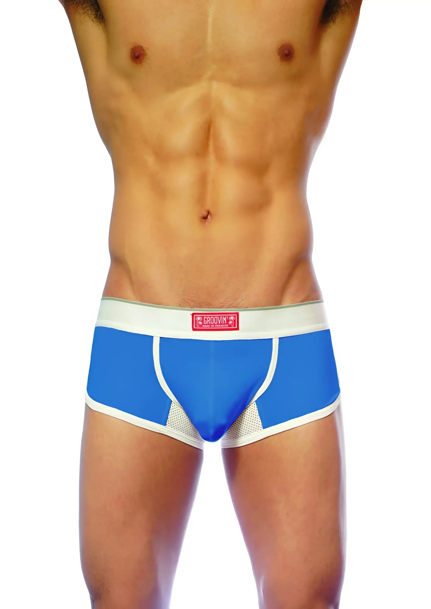 Blue and white groovin underwear ventilated cup boxer with breathable mesh panels for athletic support and comfort