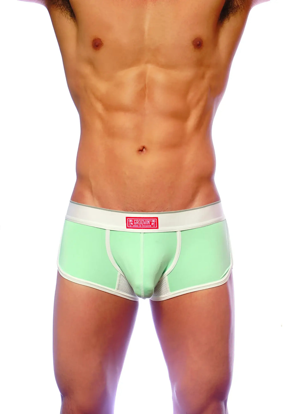 Mint green groovin underwear ventilated cup boxer with white trim mesh panel and phoenix logo waistband