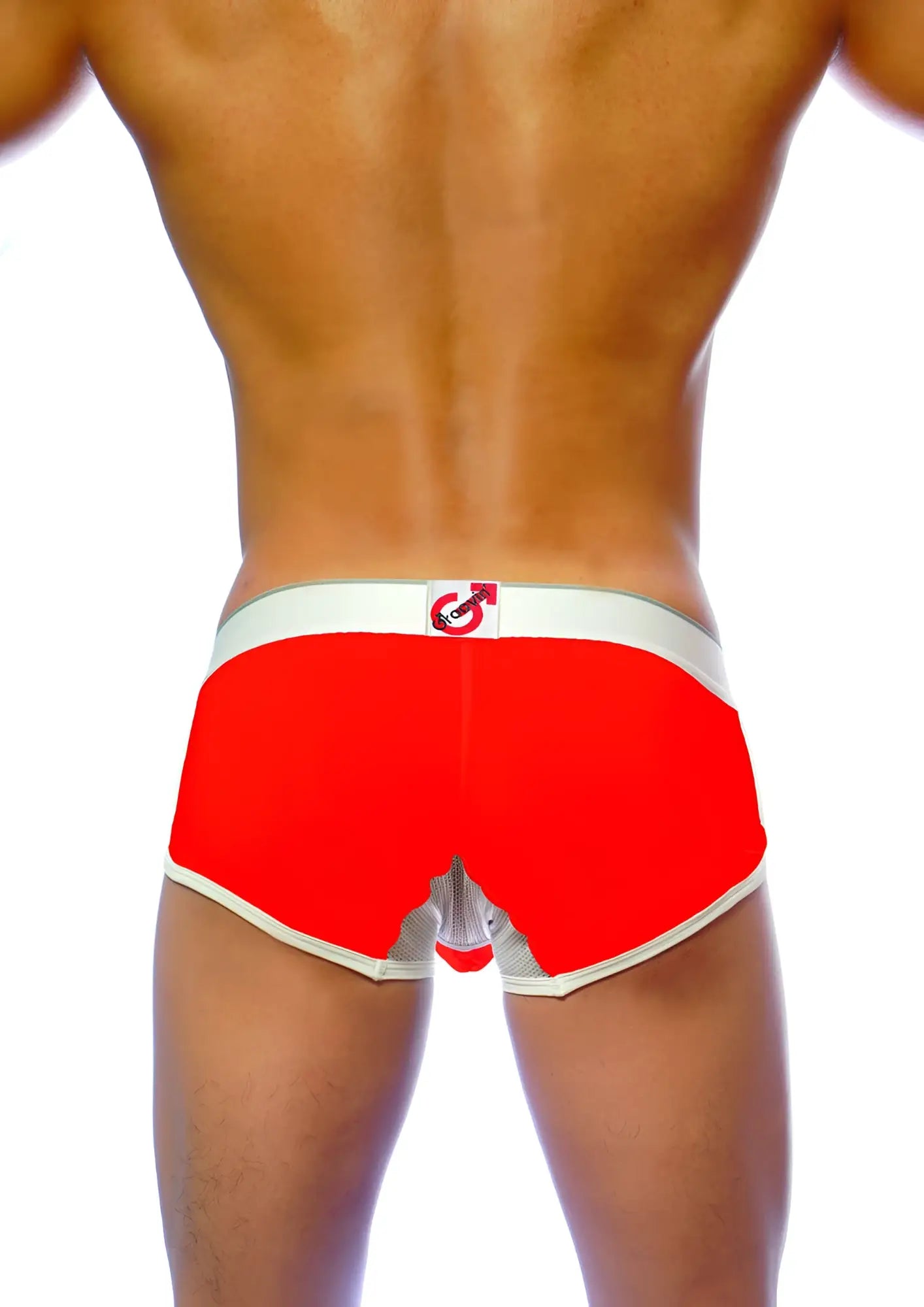 Red men’s briefs with white trim and a mesh back panel featuring a small logo on the waistband groovin underwear cb1609