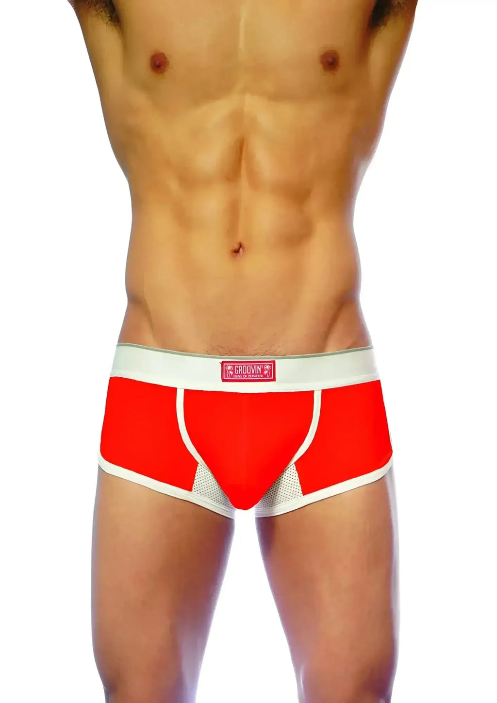 Red and white groovin underwear ventilated cup boxer with mesh panel design for breathable comfort