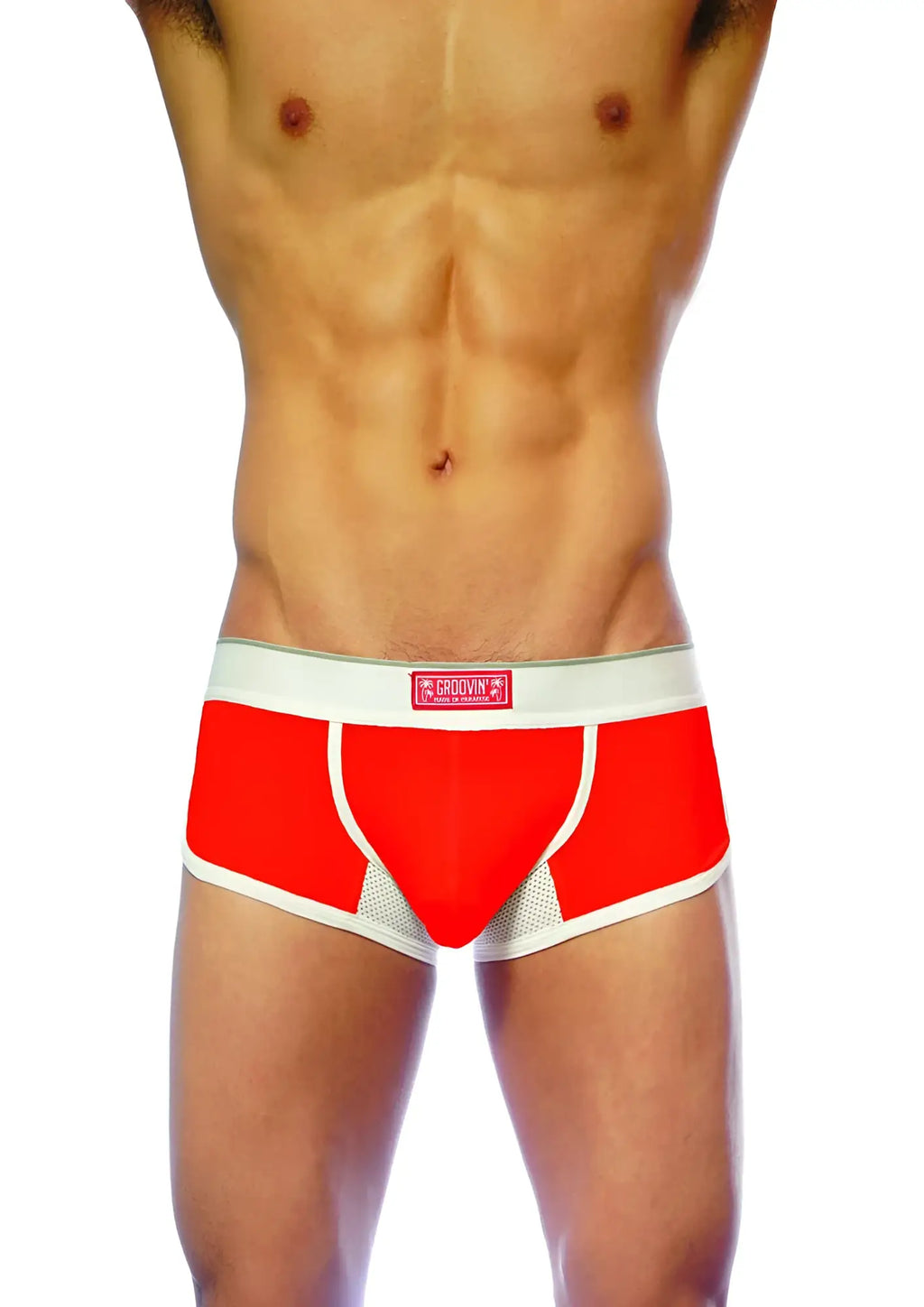 Red and white groovin underwear ventilated cup boxer with mesh panel design for breathable comfort