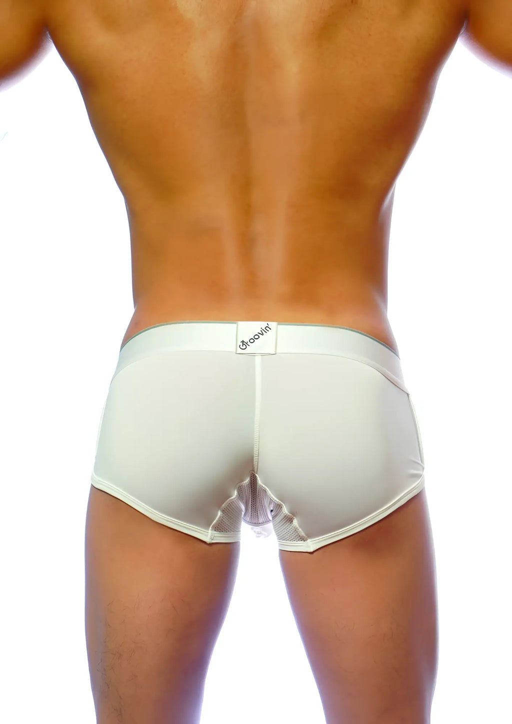 Cream-colored groovin underwear ventilated cup boxer white cb1601 showing back mesh panel and elastic waistband