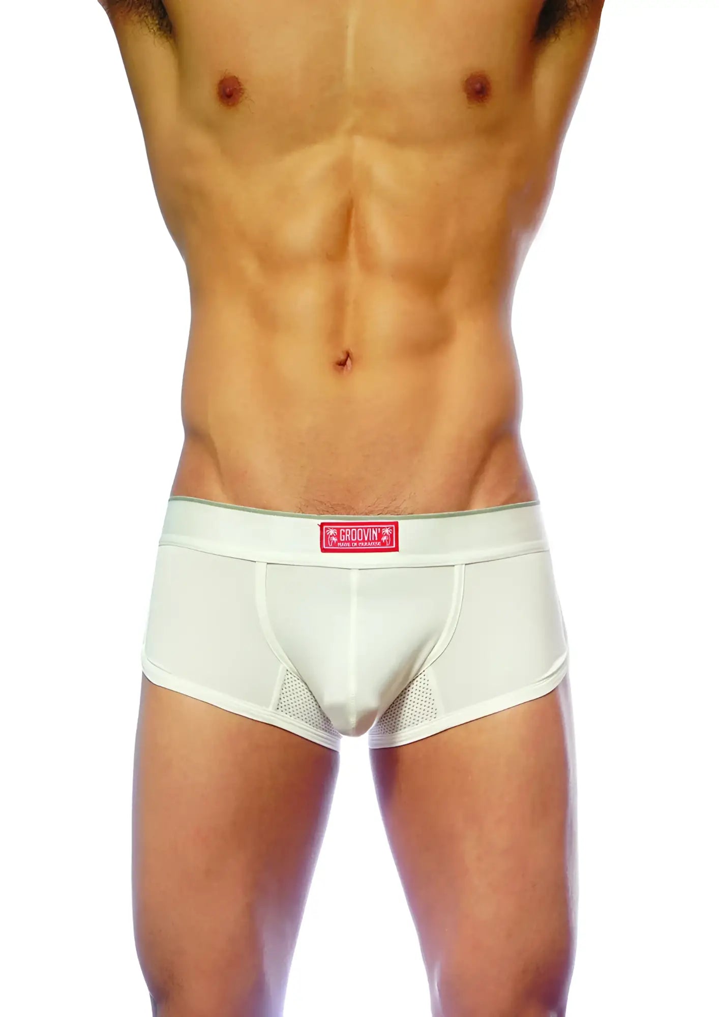 White men’s briefs with mesh paneling and a red label groovin underwear ventilated cup boxer white cb1601