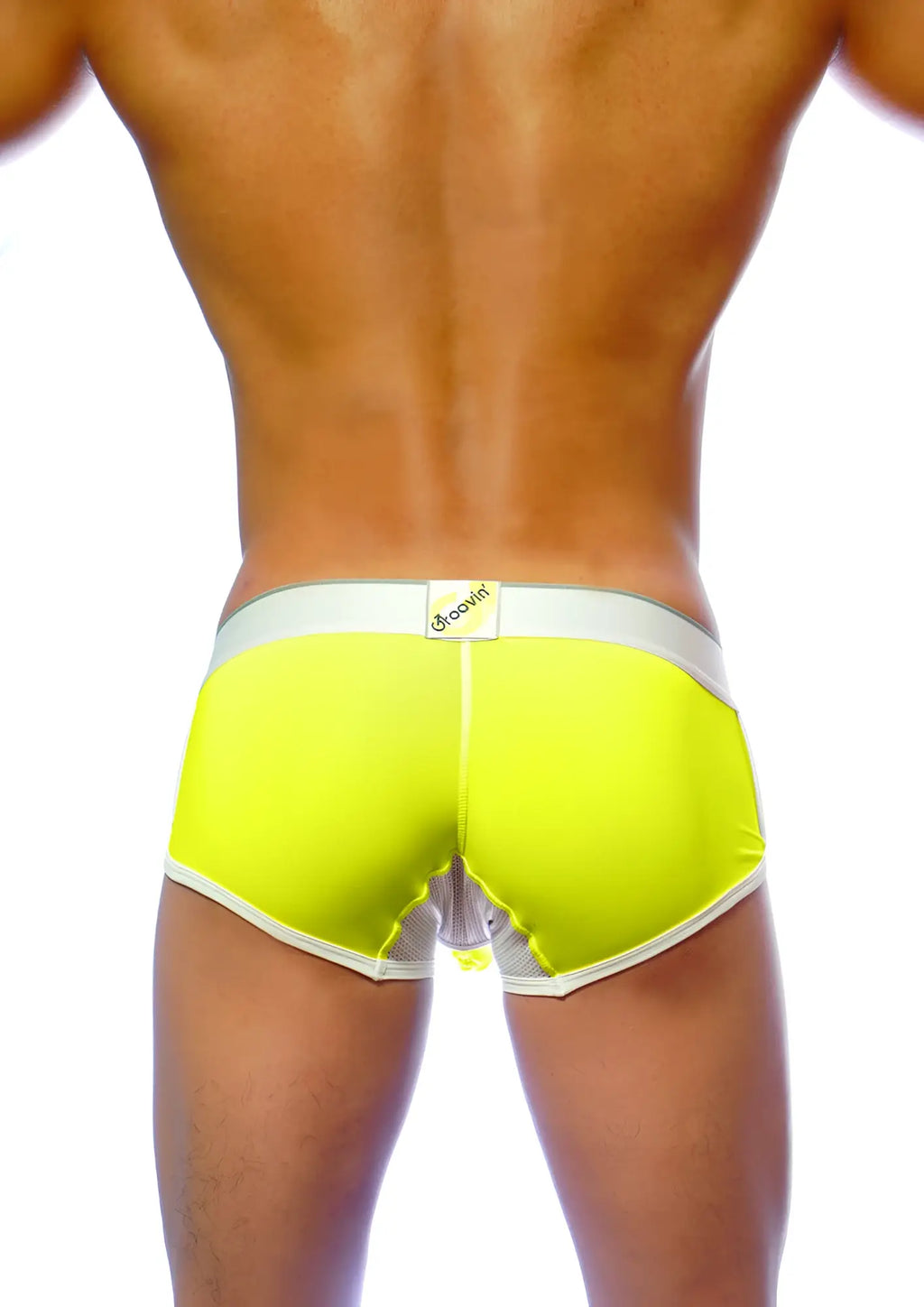 Bright neon yellow groovin underwear ventilated cup boxer with white trim and mesh back panel showing from the back side