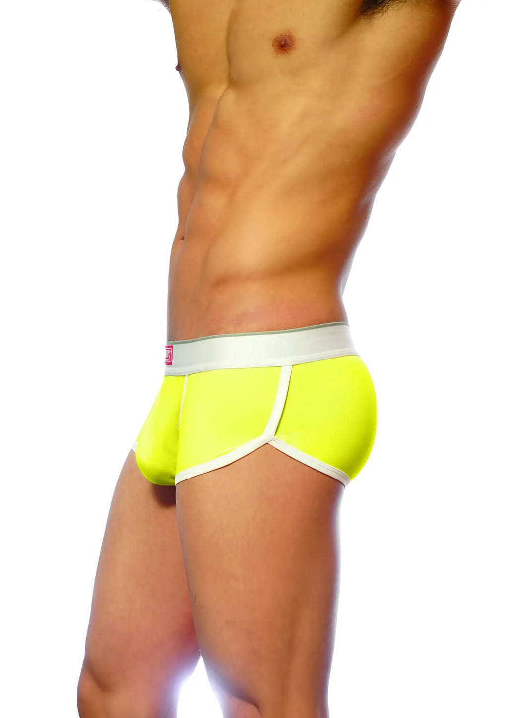 Bright neon yellow groovin underwear ventilated cup boxer with white trim and gray waistband for comfort and support
