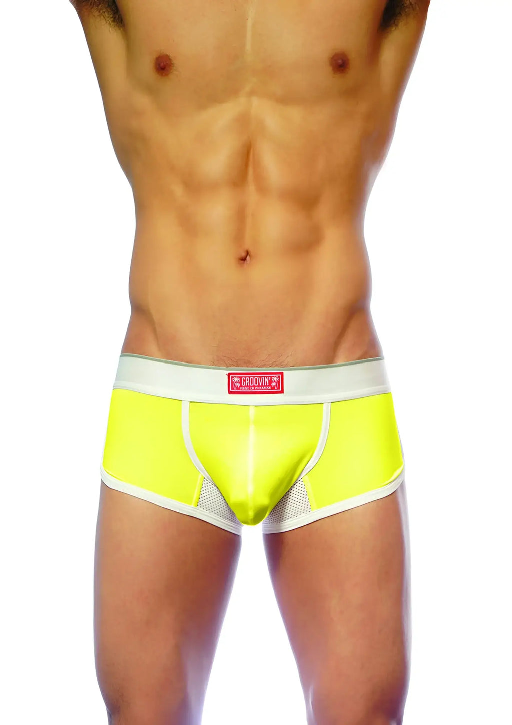 Bright neon yellow ventilated cup boxer briefs with white trim mesh panel and groovin brand logo on waistband