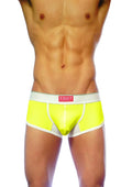 Bright neon yellow ventilated cup boxer briefs with white trim mesh panel and groovin brand logo on waistband