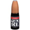 Black bottle with tan cap and white gun oil label containing silicone lubricant in gun oil 2oz flip top bottle
