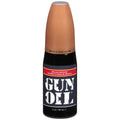 Black bottle with tan cap and white gun oil label containing silicone lubricant in gun oil 2oz flip top bottle