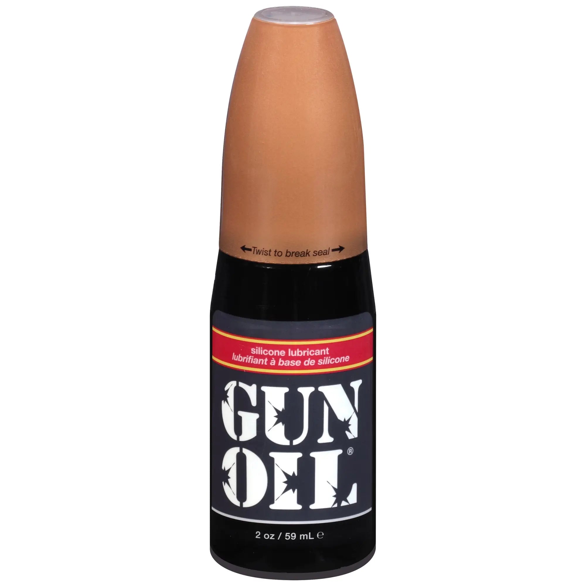 Black bottle with tan cap and white gun oil label containing silicone lubricant in gun oil 2oz flip top bottle