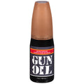 A sleek black 4oz gun oil bottle with a tan flip top cap labeled gun oil on a dark gray label