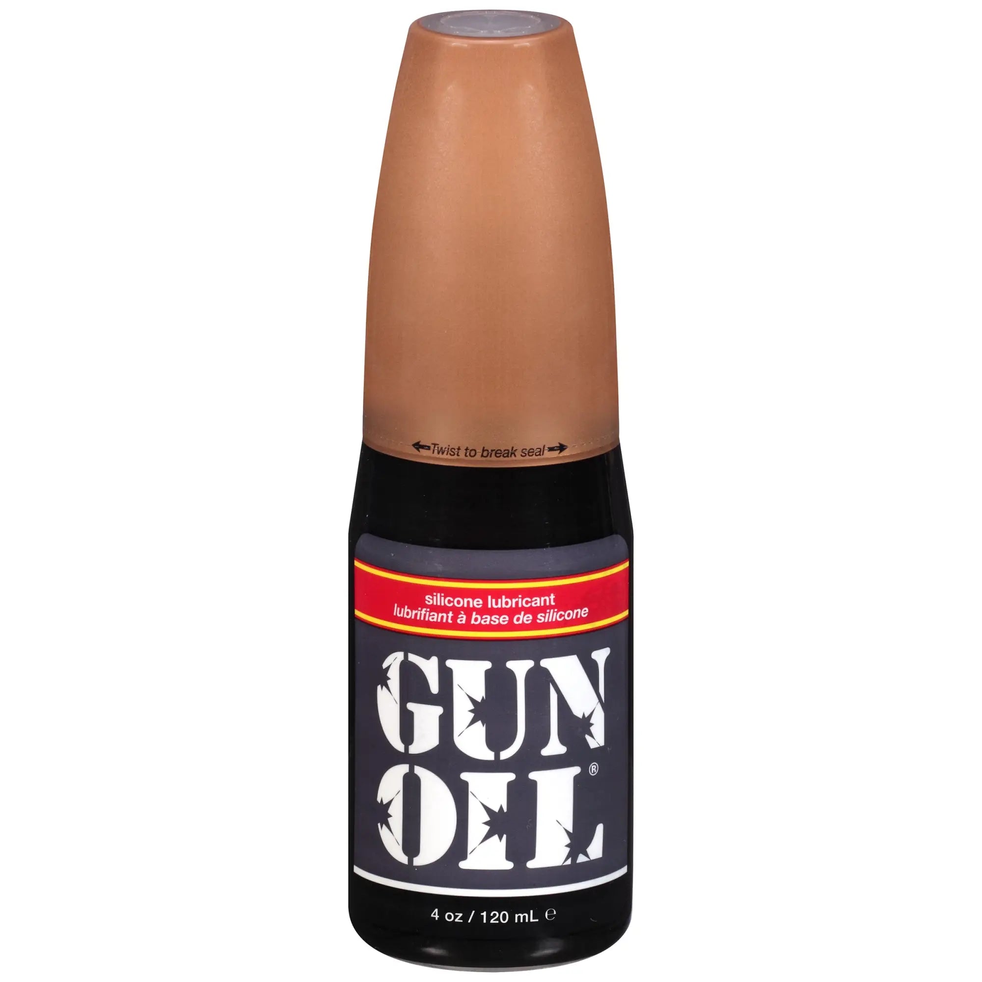 A sleek black 4oz gun oil bottle with a tan flip top cap labeled gun oil on a dark gray label
