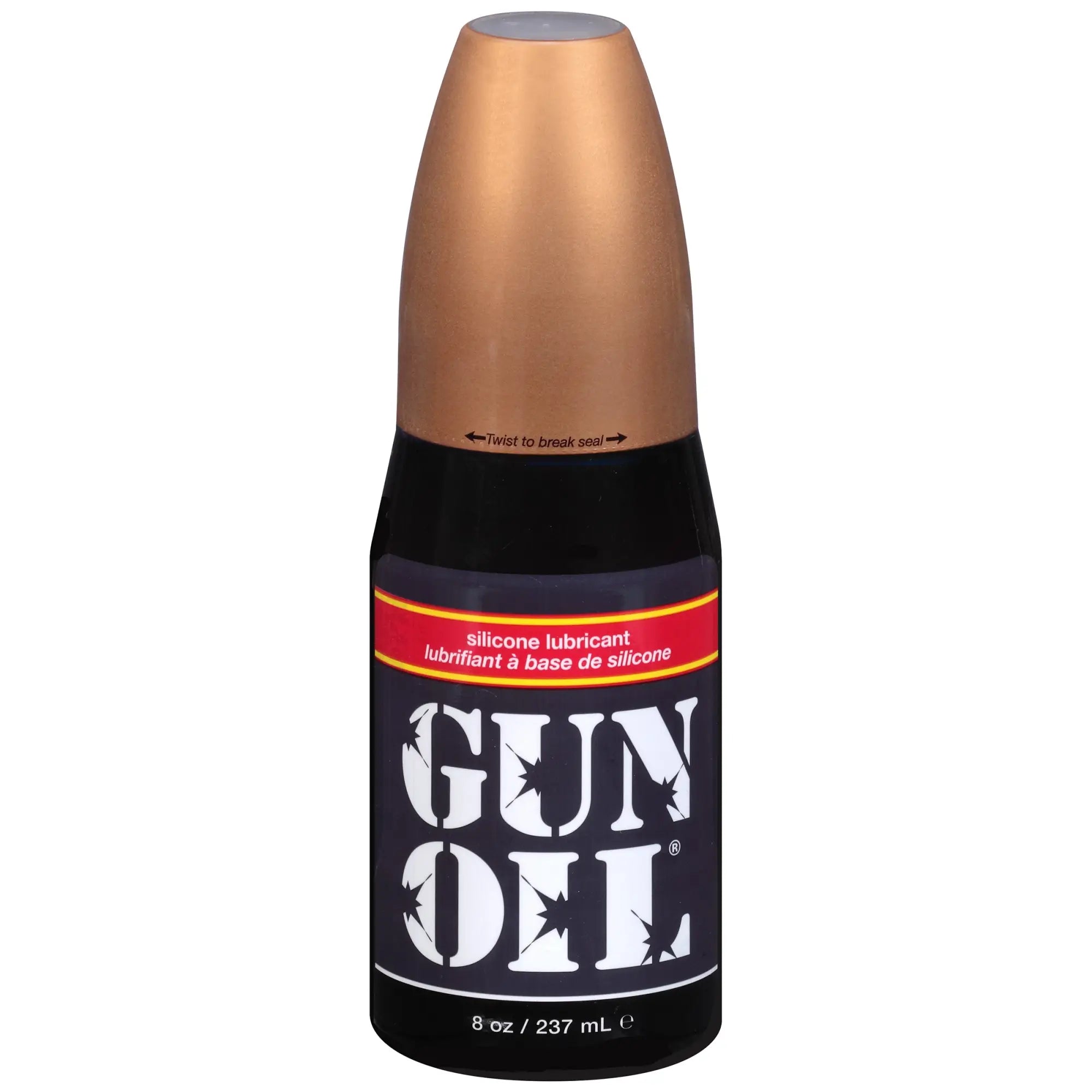 Black bottle of gun oil silicone lubricant 8oz with copper cap and white branding in flip top bottle