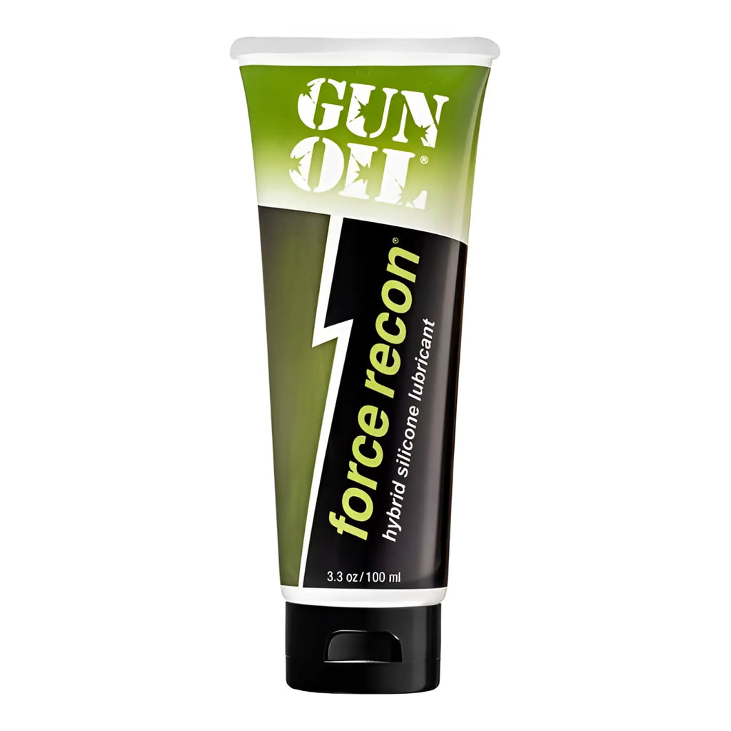 Green and black tube of Gun Oil Force Recon 3.3oz hybrid silicone lubricant for firearms maintenance