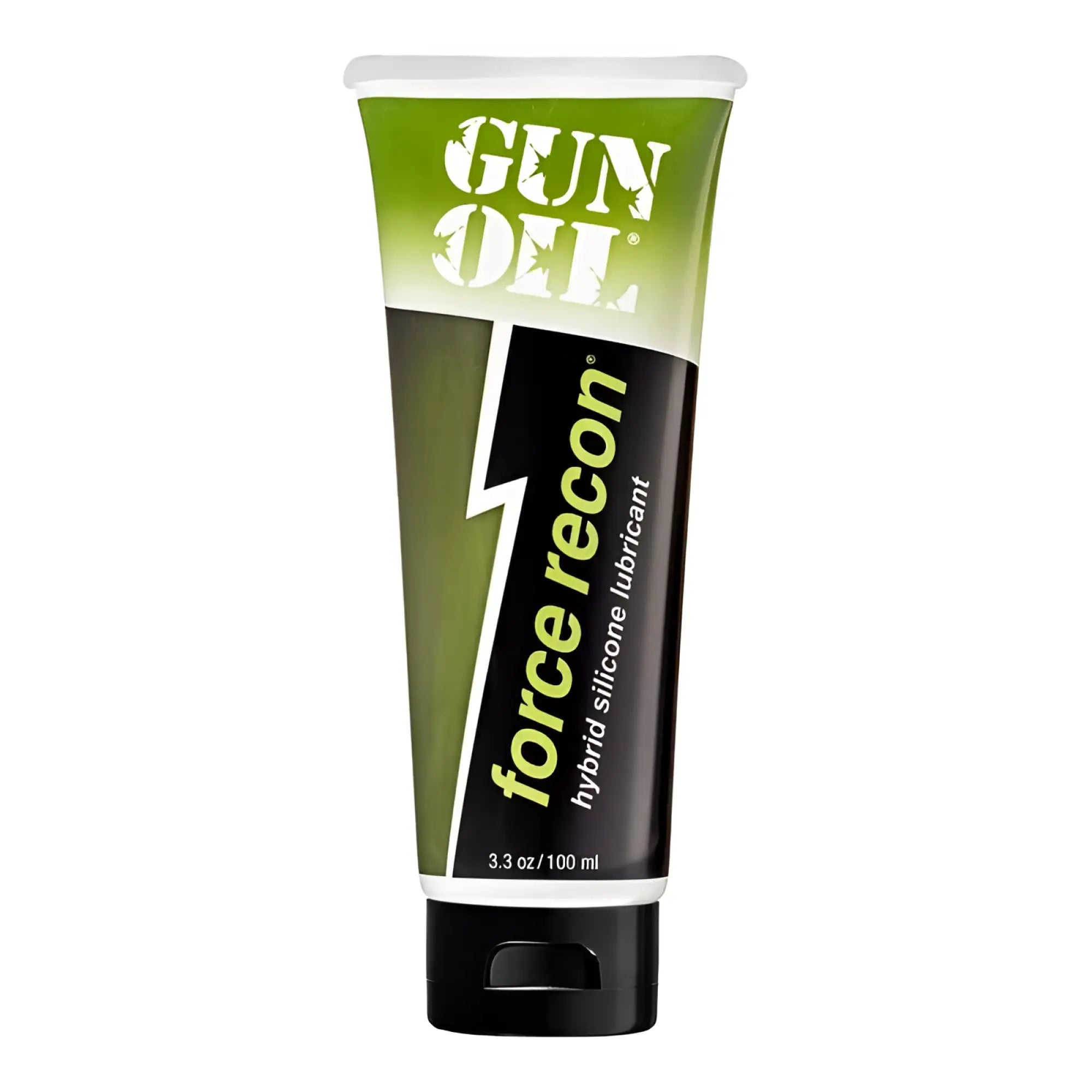 Green and black tube of Gun Oil Force Recon 3.3oz hybrid silicone lubricant for firearms maintenance