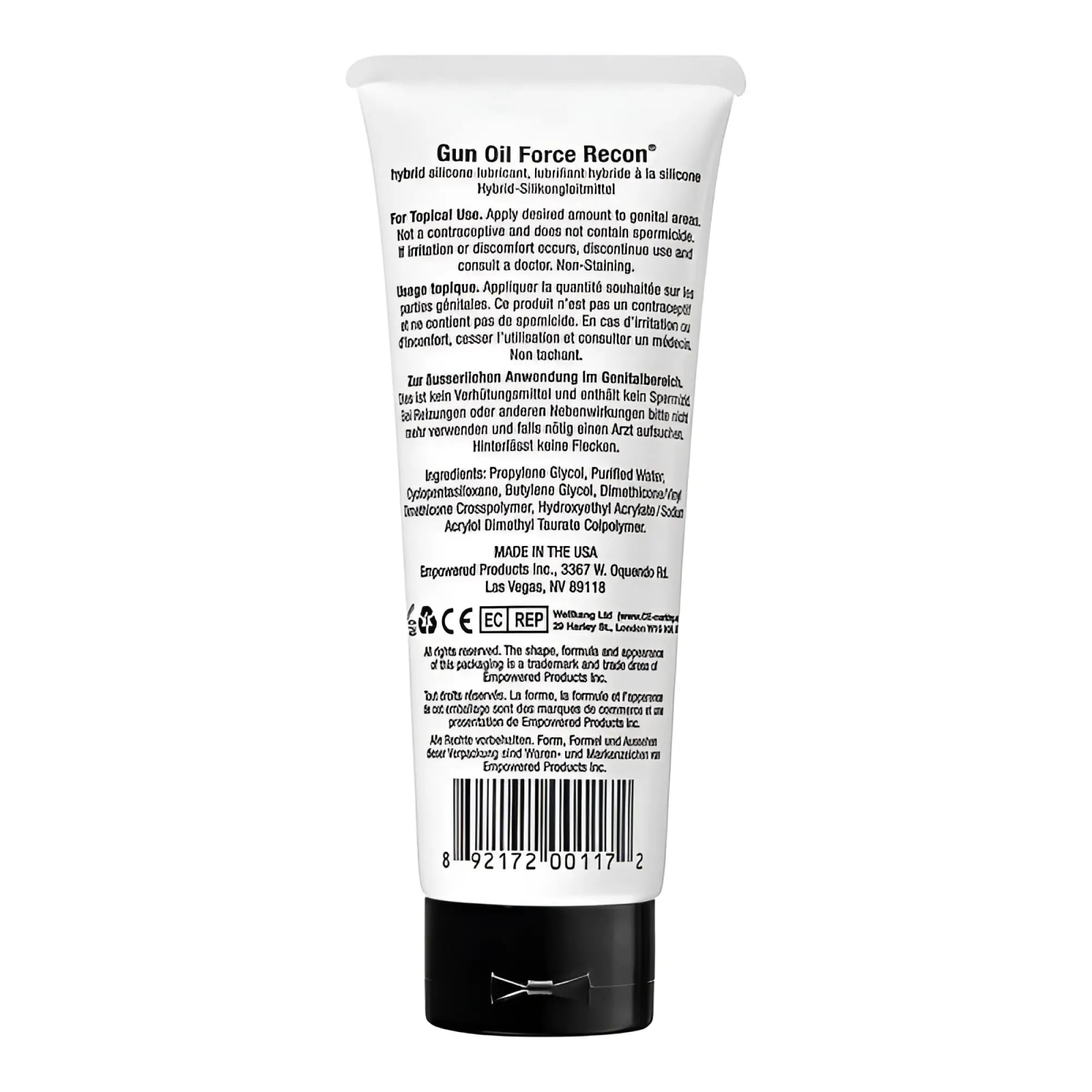 White tube of gun oil force recon hybrid silicone lubricant with black cap showing back label with ingredients and usage