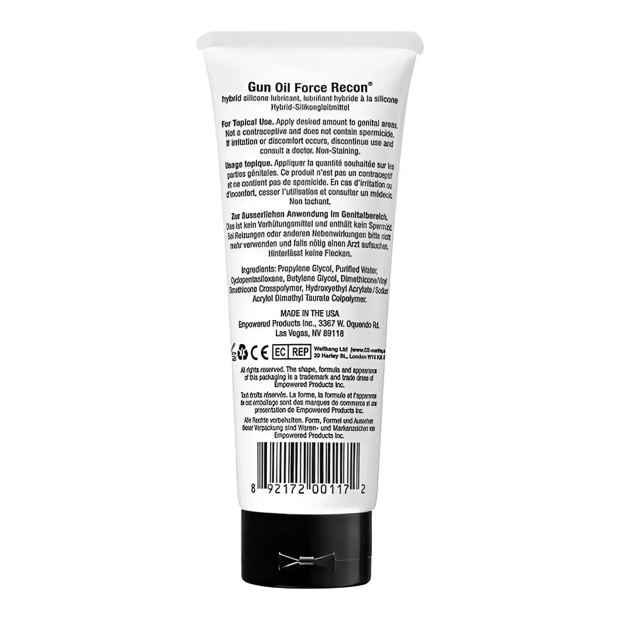 White tube of gun oil force recon hybrid silicone lubricant with black cap showing back label with ingredients and usage