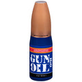 Blue bottle of gun oil h2o water-based lubricant with tan cap and white lettering in 2oz flip top bottle