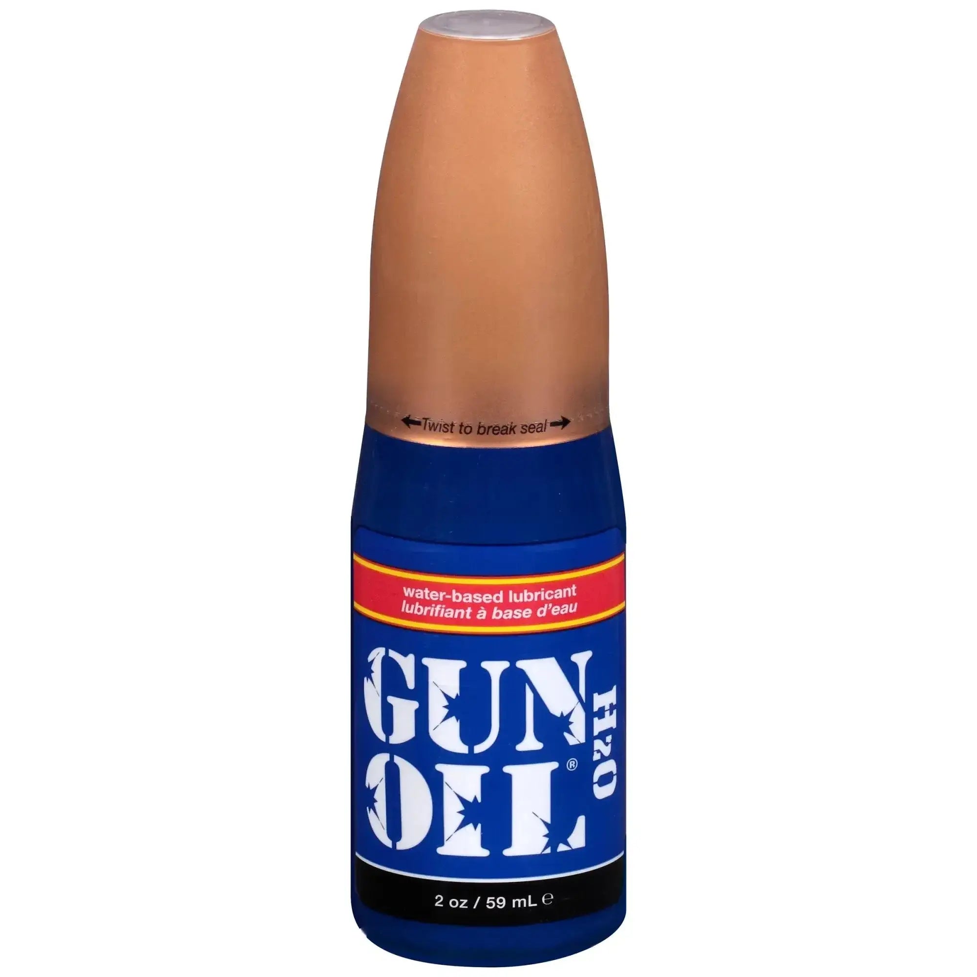 Blue bottle of gun oil h2o water-based lubricant with tan cap and white lettering in 2oz flip top bottle