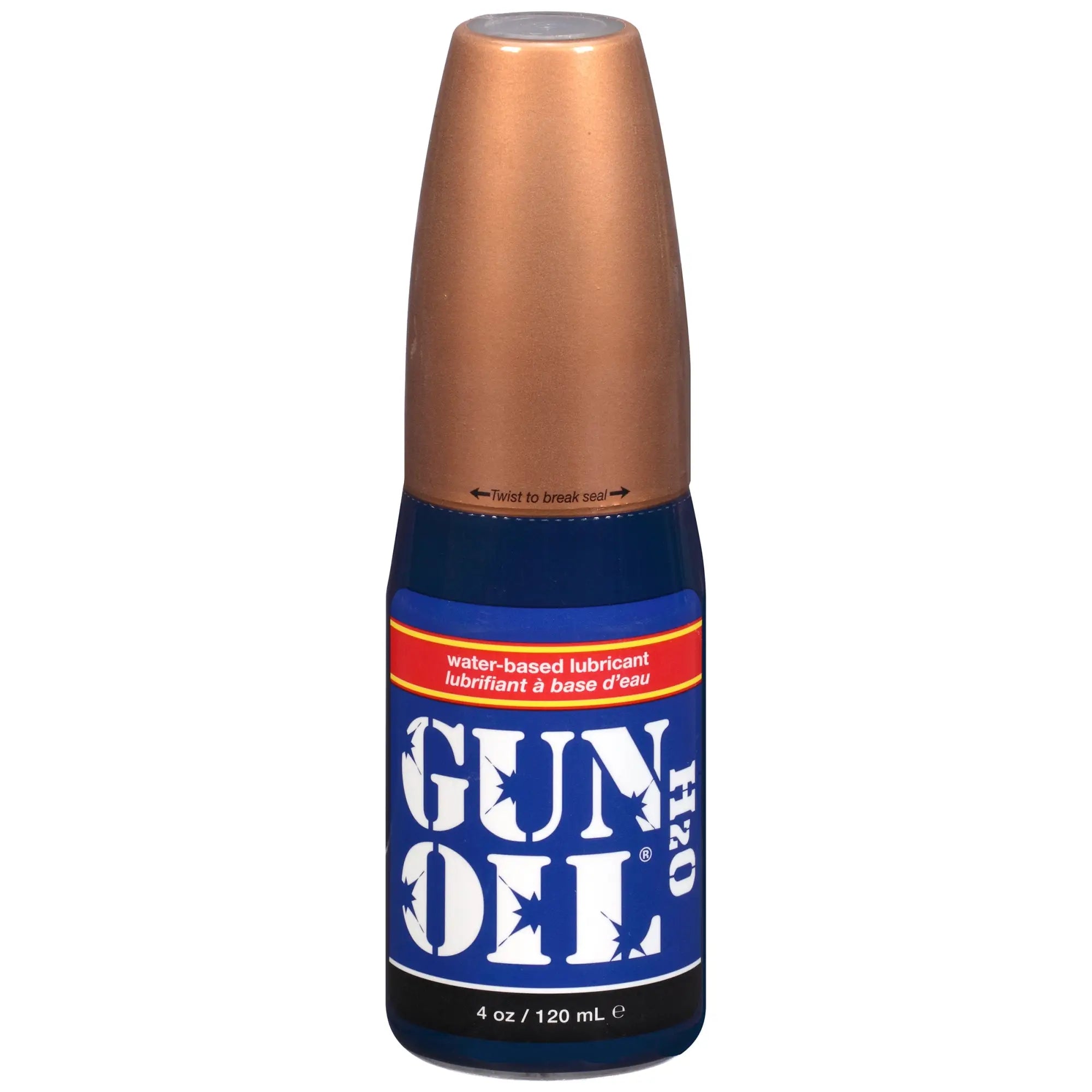 Blue bottle of Gun Oil H2O 4oz water-based lubricant with copper-colored flip top cap for firearm maintenance