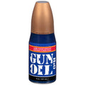 Blue bottle of gun oil h2o water-based lubricant with copper-colored cap in 8oz flip top bottle