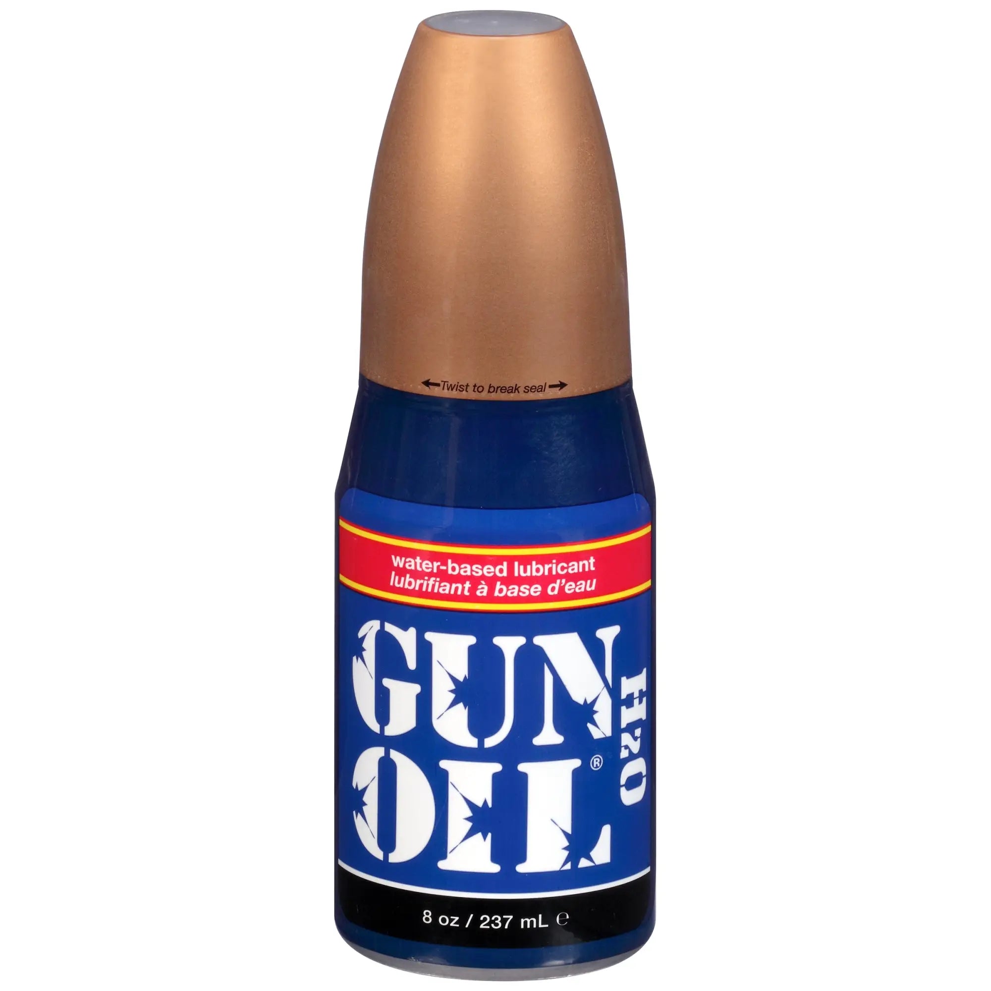 Blue bottle of gun oil h2o water-based lubricant with copper-colored cap in 8oz flip top bottle