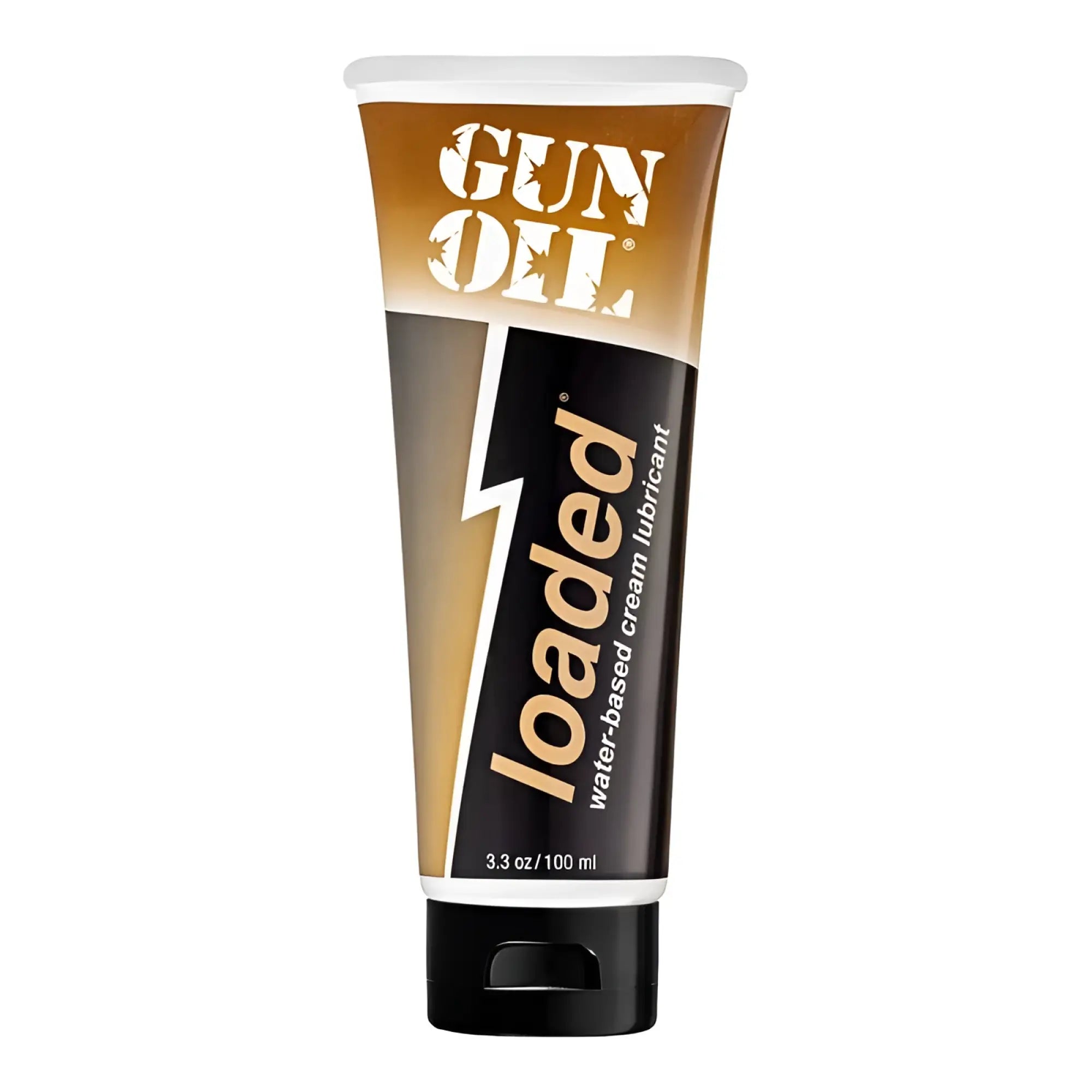 Gun Oil loaded 3.3oz water-based cream lubricant in a sleek black and gold tube with bold branding