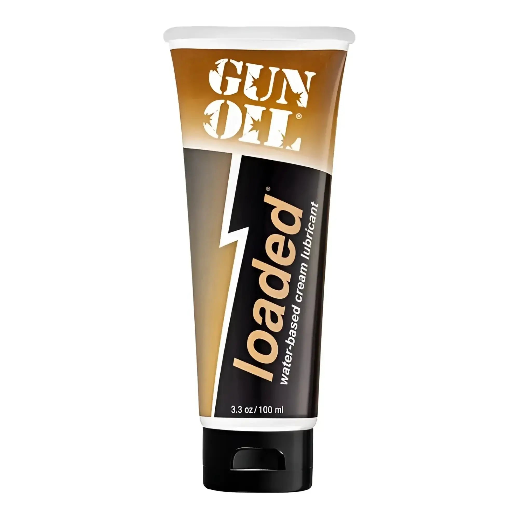 Gun Oil loaded 3.3oz water-based cream lubricant in a sleek black and gold tube with bold branding
