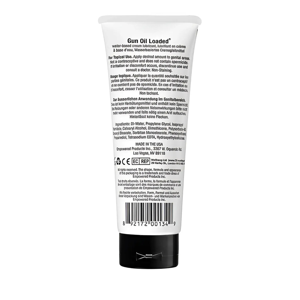 White tube of gun oil loaded water-based cream lubricant with black cap and silver foil seal 3.3oz 100ml