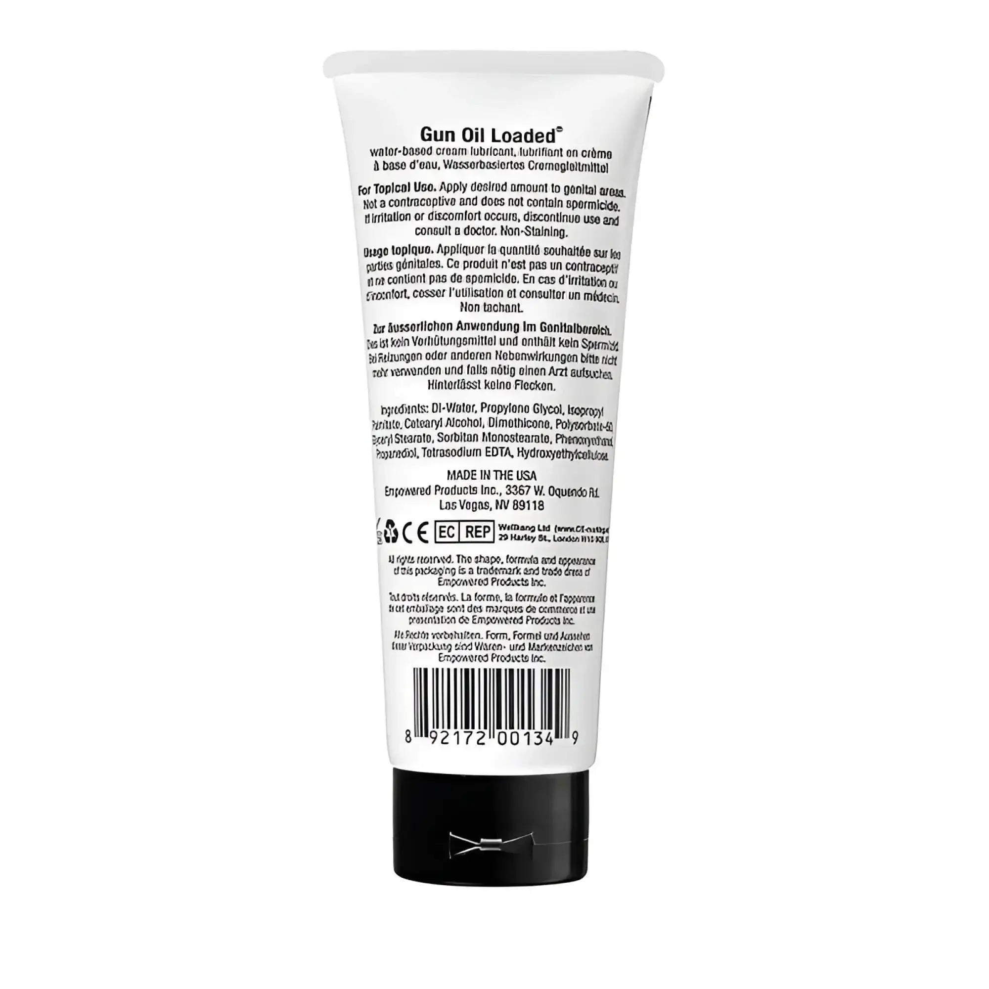 White tube of gun oil loaded water-based cream lubricant with black cap and silver foil seal 3.3oz 100ml