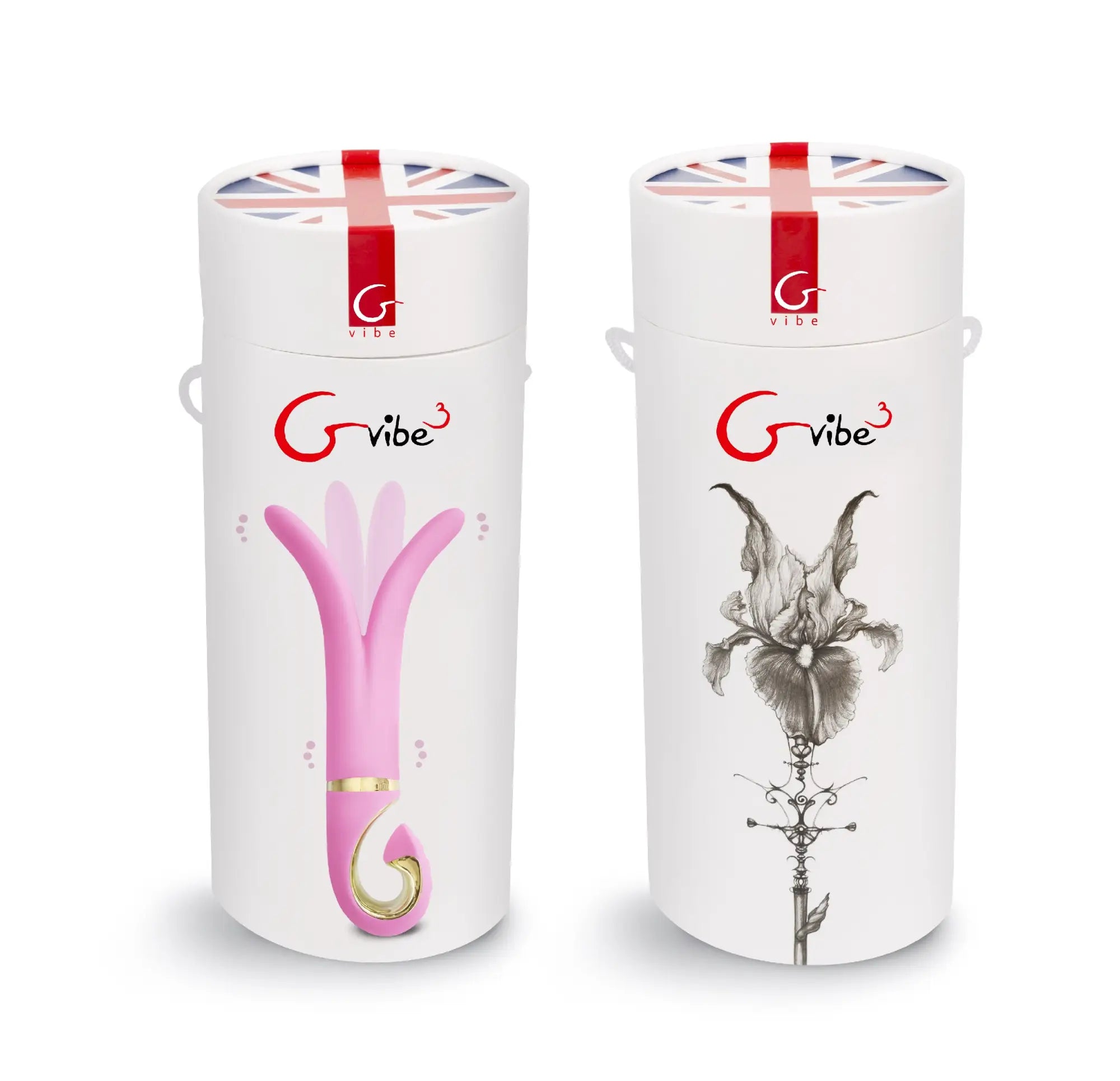Pink g-vibe vibrators in sleek white cylindrical packaging with union jack accents for personal pleasure