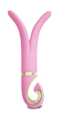 Gvibe Gvibe 3 Candy Pink pink silicone toy with gold metallic accents and curved y-shaped design