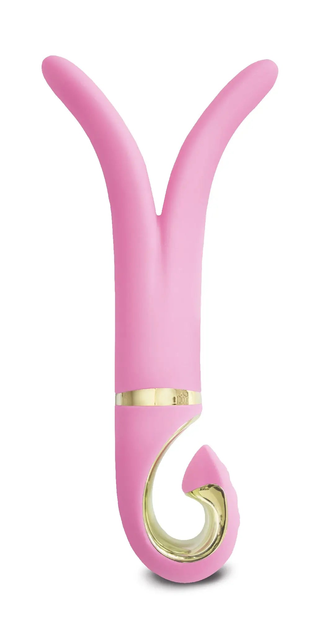 Gvibe Gvibe 3 Candy Pink pink silicone toy with gold metallic accents and curved y-shaped design