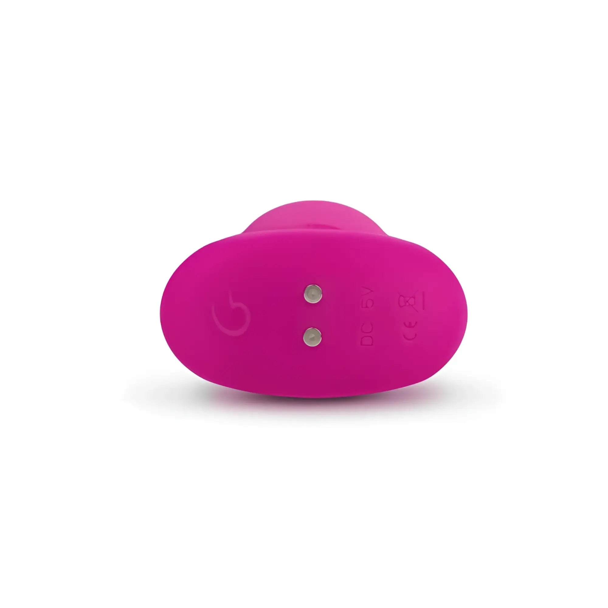 Vibrant pink silicone base of Gvibe Gballs 3 adult toy with silver contact points and embossed dcsy branding