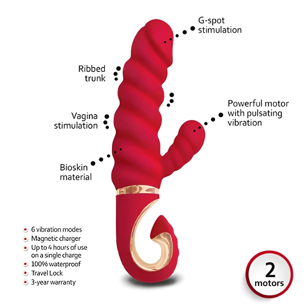 Gvibe Gcandy MINI Chili Coral red ribbed curved vibrator with gold base featuring two powerful motors