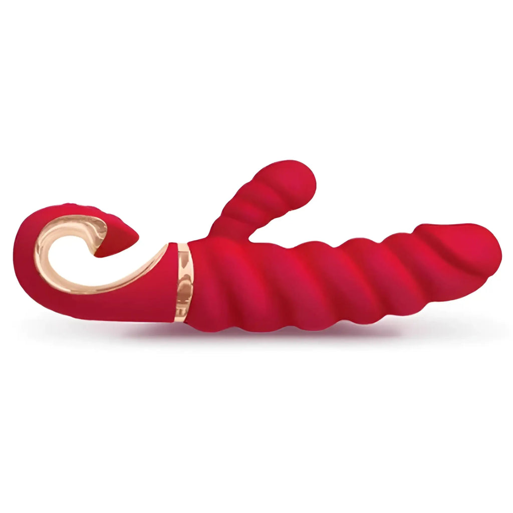 Red silicone Gvibe Gcandy MINI Chili Coral toy with gold metallic spiral accent for personal pleasure use