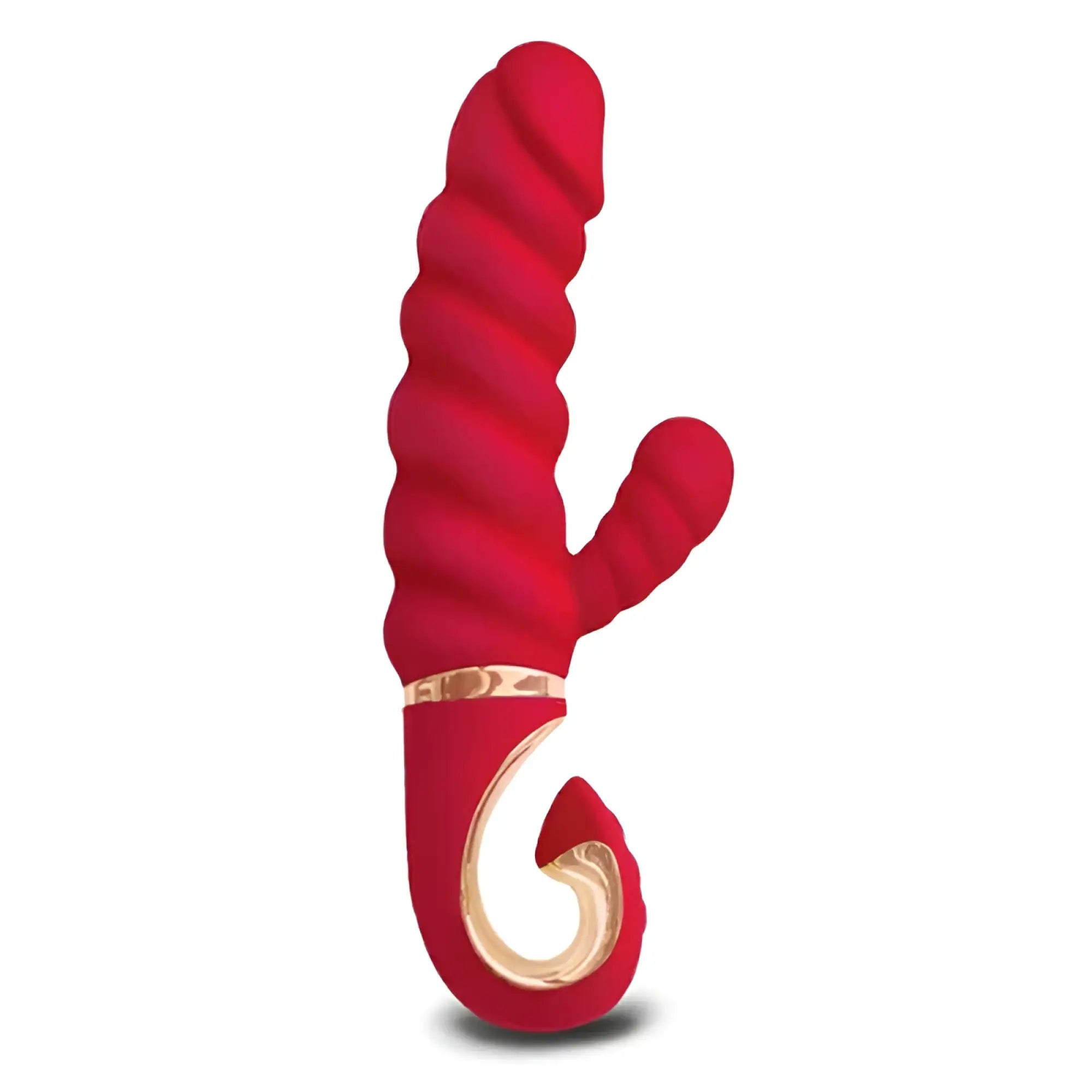 Gvibe Gcandy MINI Chili Coral red silicone toy with spiral design and gold metallic accents for personal use