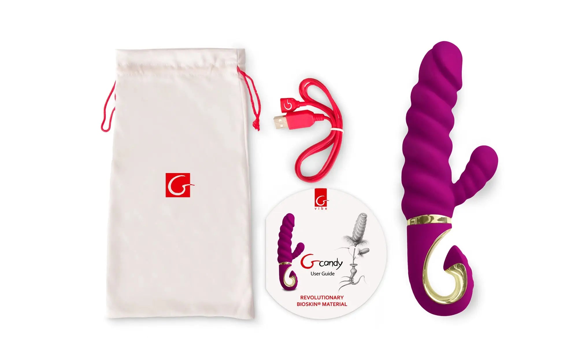 Purple Gvibe Gcandy Raspberry vibrato with gold-colored base and textured spiral design for enhanced pleasure