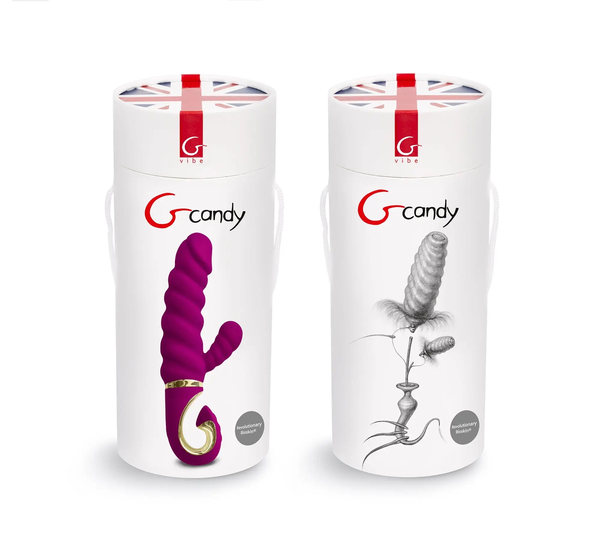 Purple Gvibe Gcandy raspberry vibrators in sleek white cylindrical packaging with union jack accents