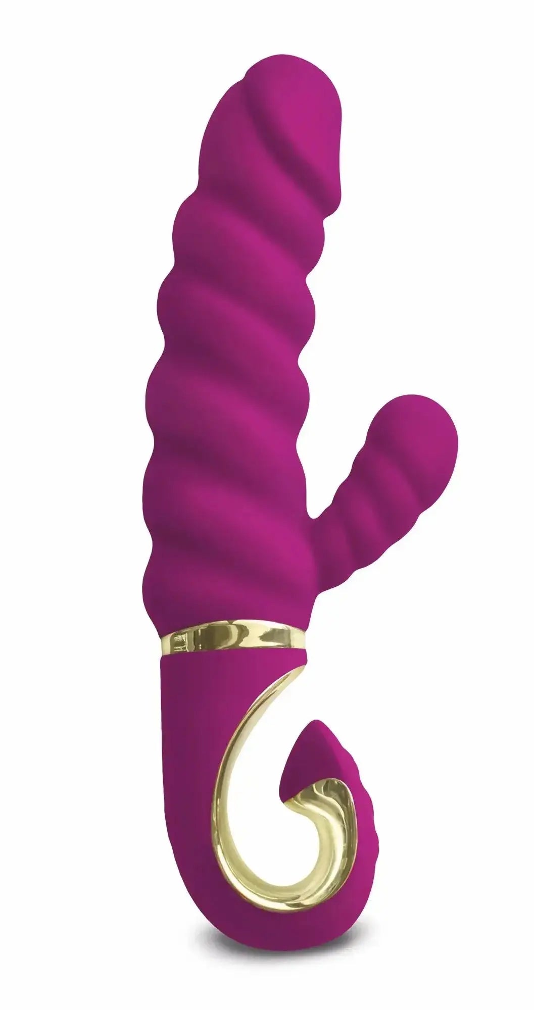 Vibrant magenta gvibe gcandy raspberry silicone toy with gold-tone metallic accents and spiral design