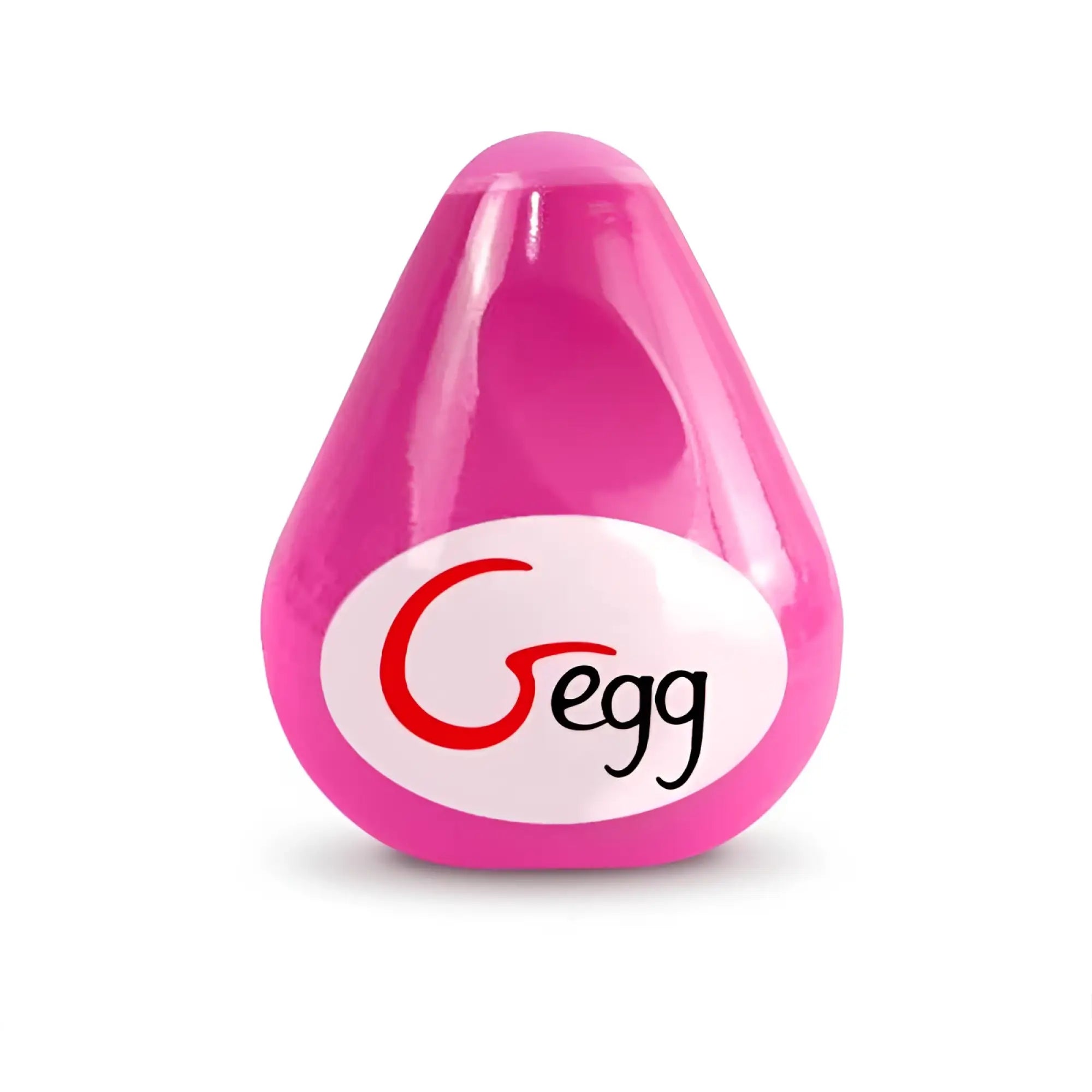 A glossy pink teardrop-shaped gvibe gegg masturbator with a white oval label featuring the gegg logo in red and black script