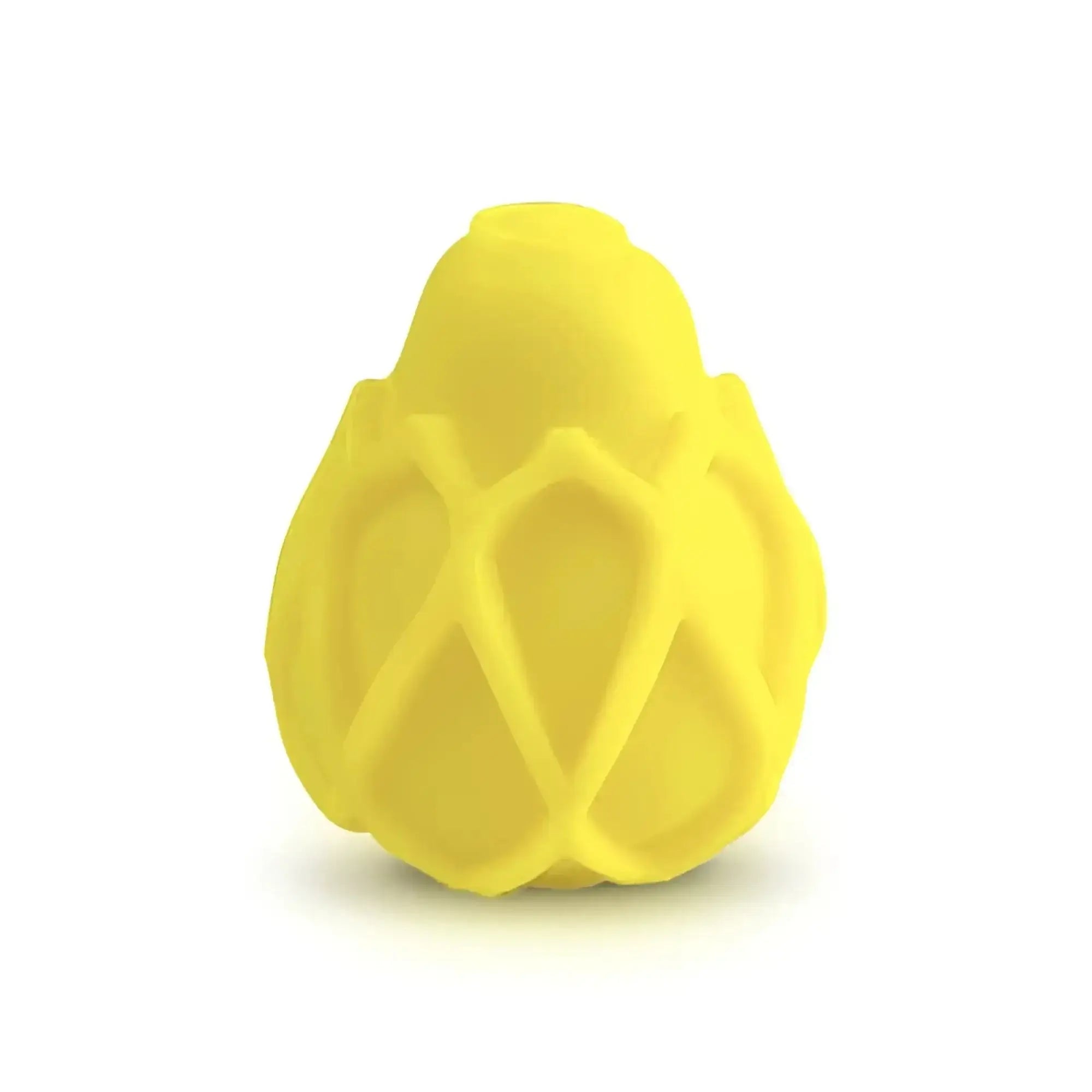 Bright yellow silicone Gvibe GEgg masturbator with textured net-like egg shape for discreet pleasure
