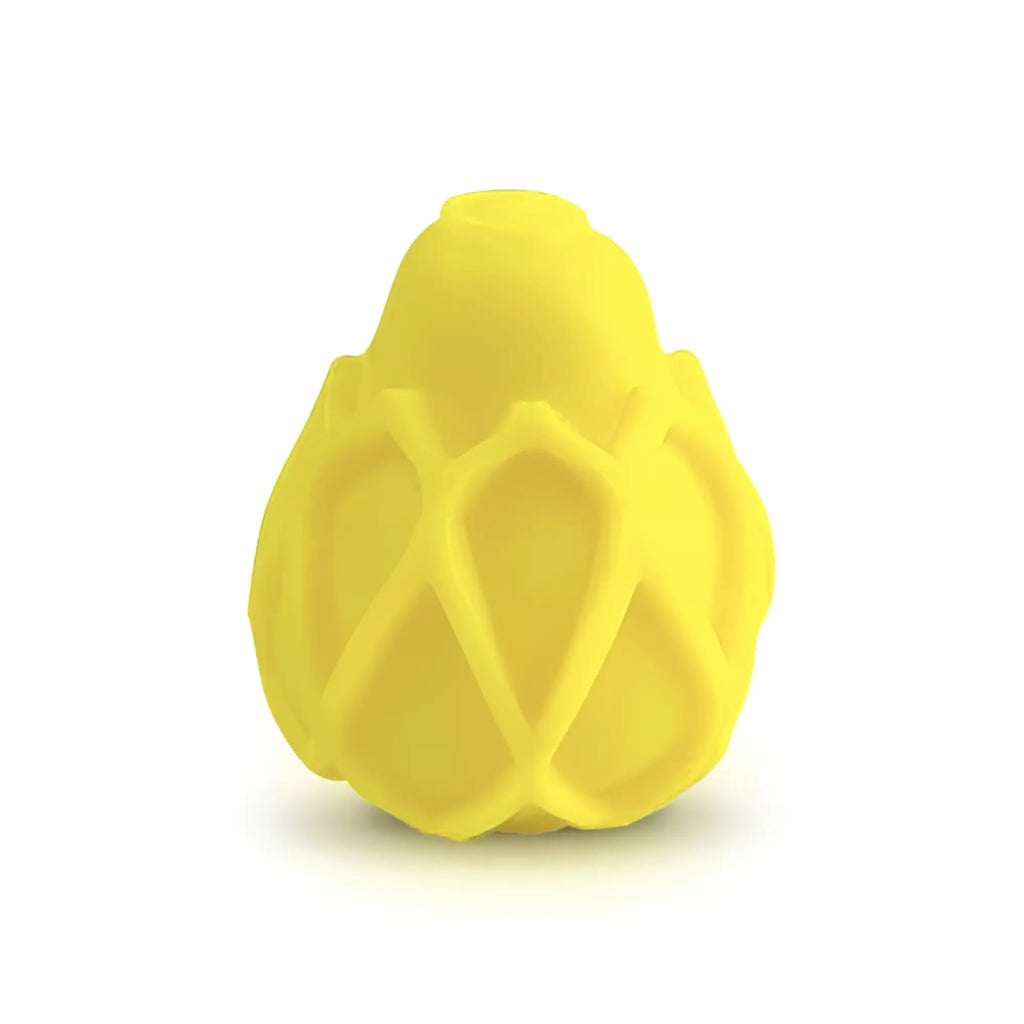 Bright yellow silicone Gvibe GEgg masturbator with textured net-like egg shape for discreet pleasure