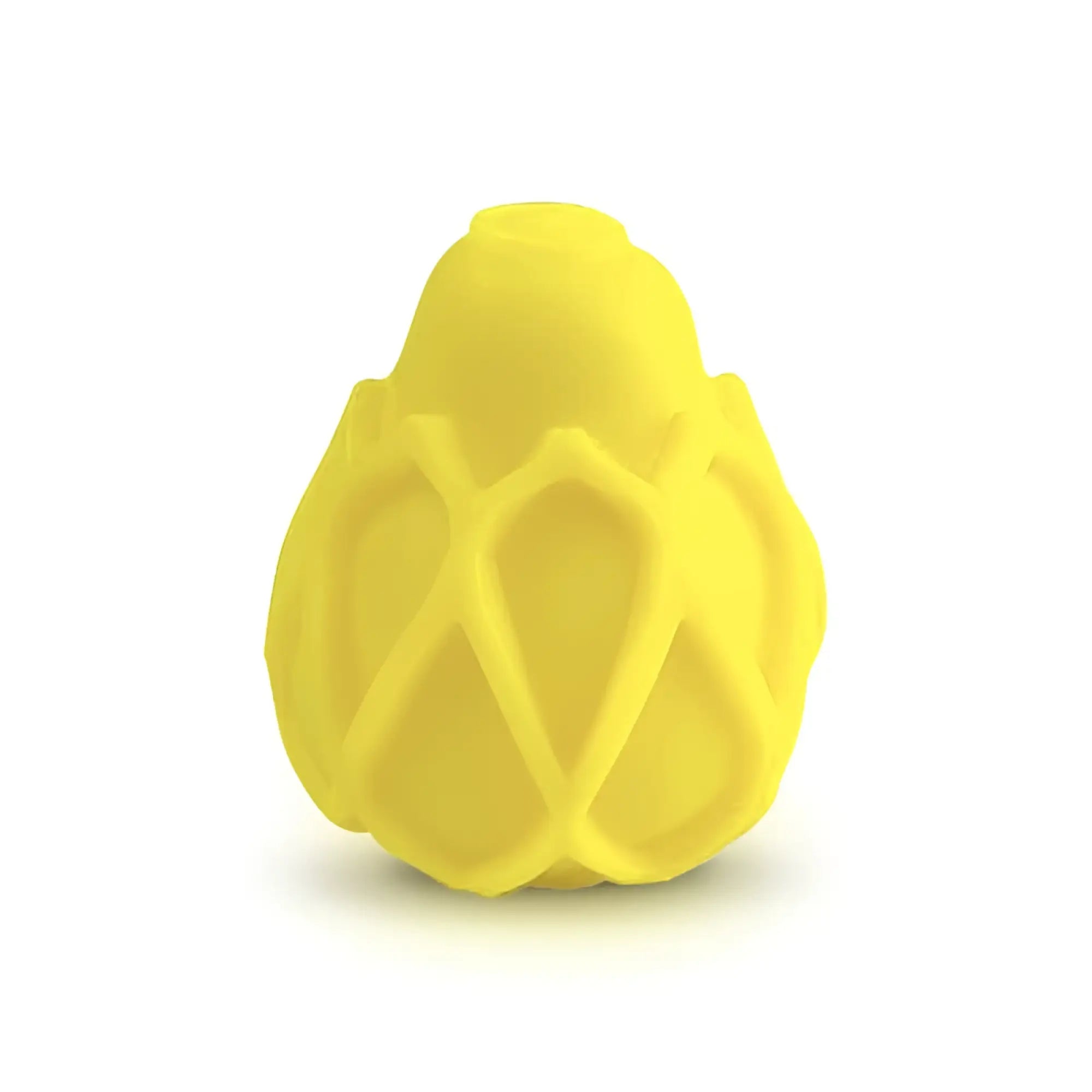 Bright yellow silicone Gvibe GEgg masturbator with textured net-like egg shape for discreet pleasure