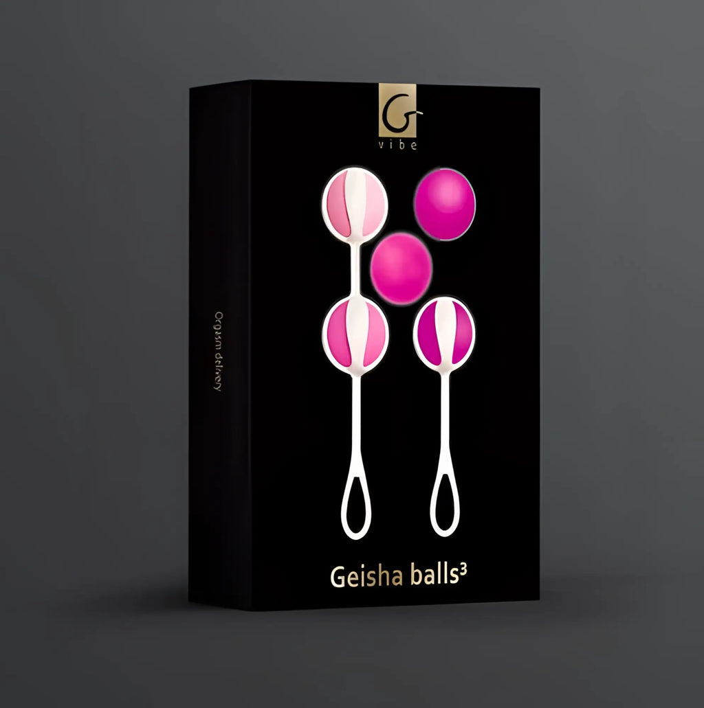 Black box packaging of vibe brand gvibe geisha balls 3 sugar pink showing pink and white spherical vibrators with handles